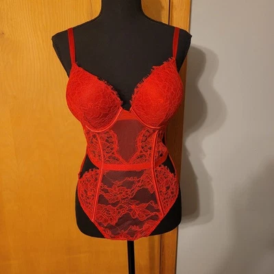 Victorias Secret Sexy Bombshell Push Up Adds 2 Cups Lace Teddy Bodysuit Red L - Image 1 of 4