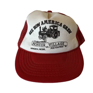 VTG Mesh Snapback Trucker Hat See How America Grew Pioneer Village Nebr. Red - Picture 1 of 11