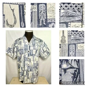 Camisa Hawaiana RJC Azul XL Aloha Friday Tiki Cabeza Diamante Ukelele Moai Gancho Tapa - Imagen 1 de 13