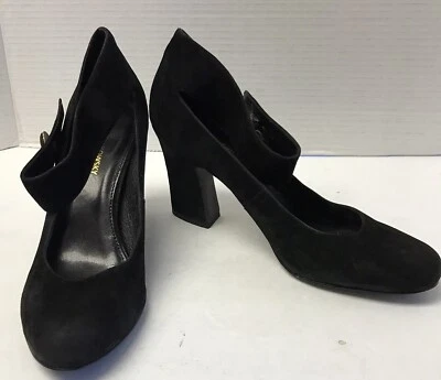 B Makowsky Womens Size 9.5 M Mary Jane Pumps Black Suede Saxon Triangle Heels - Imagem 1 de 4