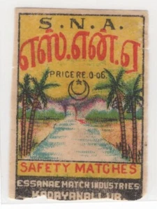 Old Matchbox Label India S.N.A. River Palm Trees Kadayanallur Yellow Vintage - Picture 1 of 2