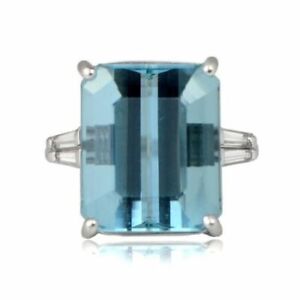 14K White Gold Over Vintage Emerald Cut Aquamarine CZ Simple Ring 12.10CT 925 SS