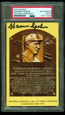 Warren Spahn d'2003 Autographed Hall of Fame Plaque Postcard PSA/DNA Small Smear - Image 1 of 2