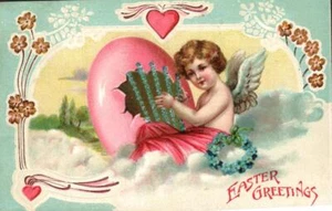 Schöner junger ENGEL spielt Harfenei auf schönem Vintage 1908 OSTERN Postkarte - Bild 1 von 2