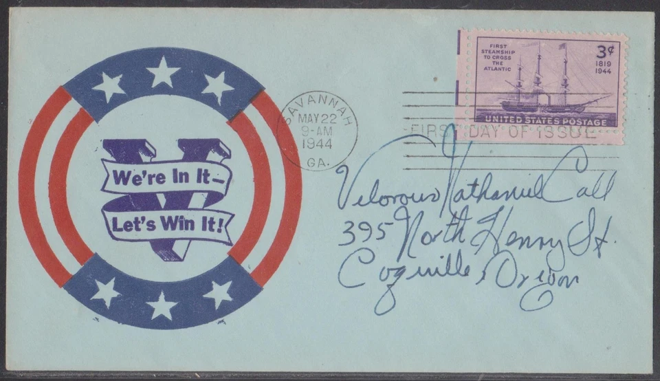 SCOTT 923 STEAMSHIP WORLD WAR TWO SAVANNAH PATRIOTIC FIRST DAY COVER FDC NIM - Image 1 of 1