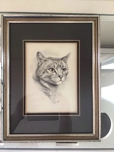 Vintage Virginia Miller Green Eye Katze Kohle Lithographie Kunstdruck gerahmt 10x13 - Bild 1 von 11