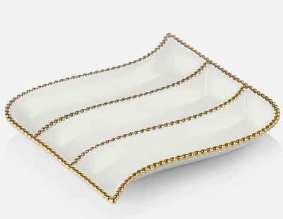 CLASSIC TOUCH MEDIUM 12" GOLD BEAD 3 SECTIONS SNACK PORCELAIN TRAY DISH NEW - Image 1 of 3