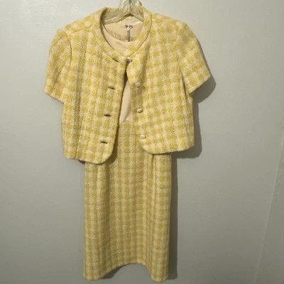 Jacques Tiffeau Vintage Wool Skirt Suit Jackie Kennedy Sz M White Yellow Check - Image 1 of 4