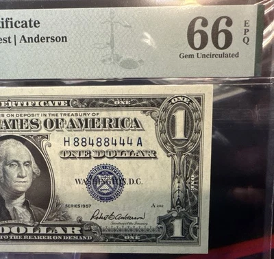 😀 1957  $1 Silver Certificate Binary Fancy Serial Number 4 And 8 ( PMG 66EPQ ) - Image 1 of 4