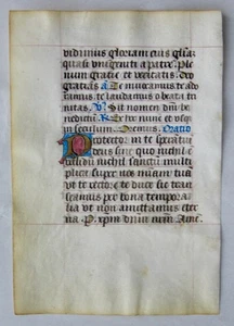 ca.1460 illuminated medieval  BoH ms. leaf,1 lg. gold initial,French - Picture 1 of 2