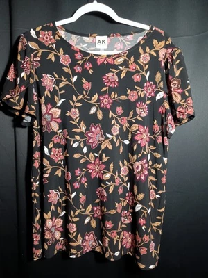 Camiseta Top Anne Klein Plus 0X Negra Floral Chianti Rosa, Nueva con Etiquetas Tejido Elástico Otoño Foto 1 de 4