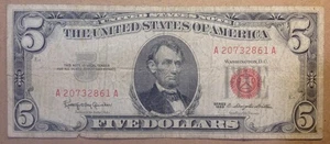 Circulated US Currency 1963 $5 United States Note Red Seal Banknote A20732861A - Picture 1 of 3