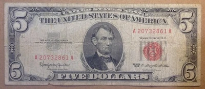 Circulated US Currency 1963 $5 United States Note Red Seal Banknote A20732861A - Image 1 of 3