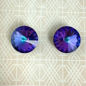 Vintage Inspired Blue Heliotrope Rivoli Rhinestone Stud Earrings Post Pierced - Picture 1 of 8