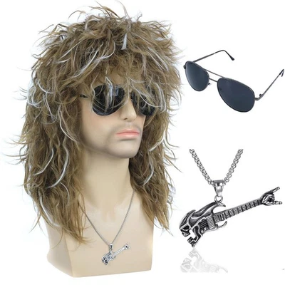 Morvally Rubia Plata Años 80 Rocker Mullet Peluca Hombre Mujer Gafas Collar Escenario Foto 1 de 4