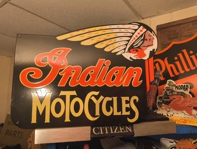LARGE VTG INDIAN MOTORCYCLE PORCELAIN METAL SIGN RARE CHIEF BIKER PARTS DEALER  - Image 1 of 4