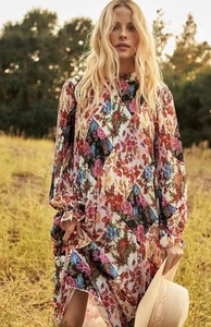 Anthropologie  Shara Pleated Midi Dress size L floral long sleeves - Picture 1 of 6