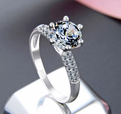 Solid 925 Sterling Silver Diamond Created Wedding Bridal Engagement Ring C27 - Image 1 of 4