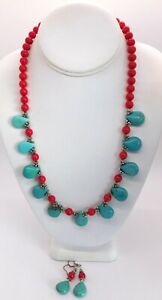 Southwestern Hand Crafted Artisan Turquoise Coral Stone Beaded Necklace Earrings