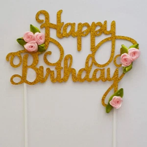 PINK ROSE HAPPY BIRTHDAY CAKE TOPPER GOLD GLITTER CAKE TOPPER - Picture 1 of 5