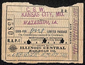 Illinois Central Railroad Ticket Kansas City, MO Waterloo, IA 1919 #4580 - Picture 1 of 2