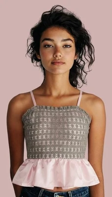 1950s Strapless Crochet Lace Peplum Top | Sage over Blush Satin, Sequins, Boned/ - Image 1 of 4