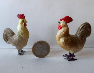 Lot de 2 Celluloid Ancien Coq et Poule 5,5Cm Pieds Plomb La Ferme 1900 Rooster - Photo 1/4