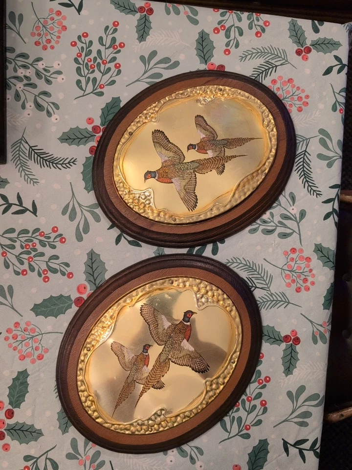 Juego de 2 cuadros de pájaro faisán vintage placa de madera cazador arte colgante de pared metal brillante Foto 1 de 4