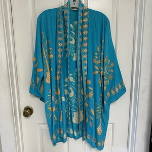 Vtg Best Quality Japan Kimono Style Turquoise & Gold Tree w/Birds One Size Rayon - Picture 1 of 15
