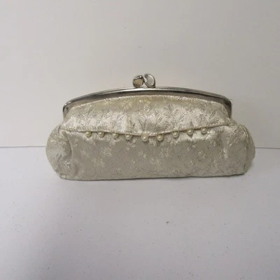 Cartera sin asas de noche brocado satinado vintage con ribete de perlas bloqueo de beso nupcial formal Foto 1 de 4