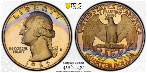 PR67DCAM 1986-S 25C Washington Proof Quarter, PCGS Secure- Rainbow Toned Cover