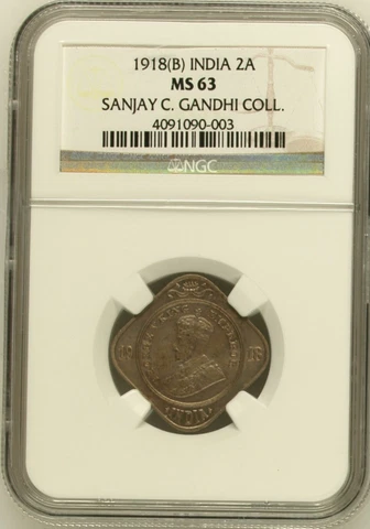 1918C KG V British India 2 Anna Sanjay C.Gandhi Coll - NGC Graded MS 63 Cover