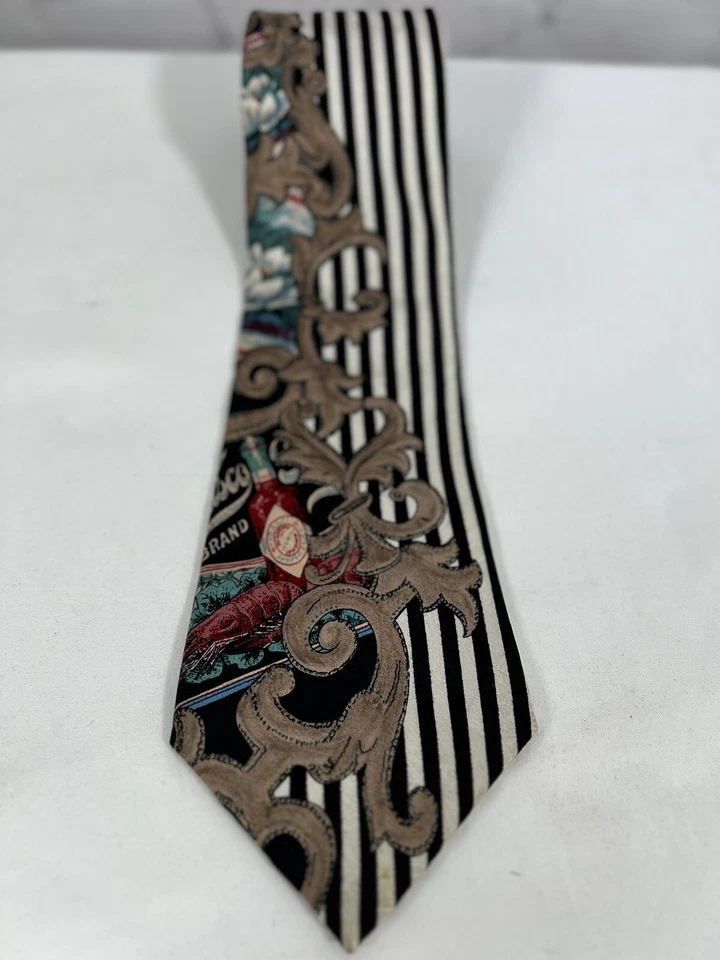 Vintage Tabasco Sauce Neck Tie 100% Silk USA Made Black White Striped 58”x4” - Image 1 of 4