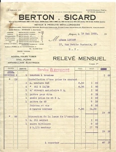 FACTURE Berton Sicard  " Service électricité " - Picture 1 of 2