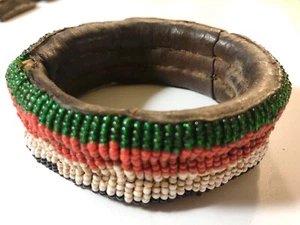 Vintage Handmade Leather Seed Bead African Bracelet Bangle Green Red Black White - Picture 1 of 6