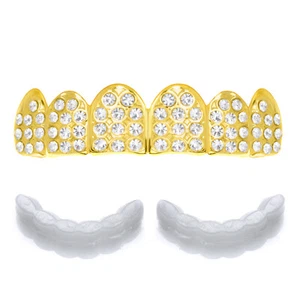 Mens Iced Out Gold Plated Full CZ Top GRILLZ Teeth Hip Hop Bling L012G 1 Ex Mold - Picture 1 of 3
