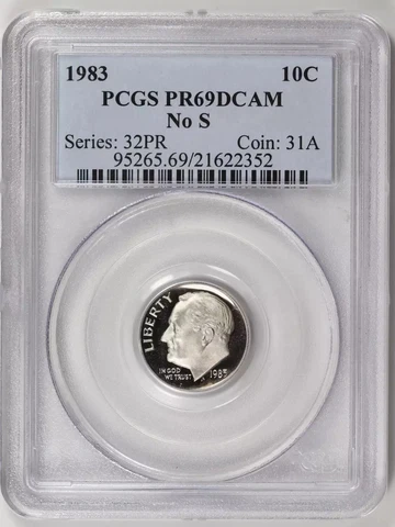 1983 S Dimes Roosevelt PCGS PR-69 DCAM No S Cover