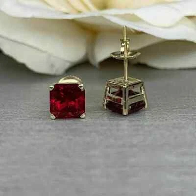 3Ct Princess Lab Created Ruby Screw Back Stud Earrings 14K Yellow Gold Plated - Image 1 of 4