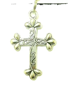 New Large CROSS with Lovely Design Silver-tone Pendant 18" - 20" Black Necklace - Imagen 1 de 3