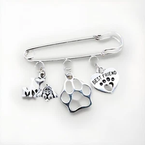VINTAGE STYLE DOG PAW LOVE HEART PENDANT BROOCH PIN - Picture 1 of 1