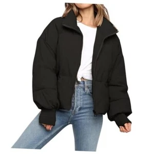 Women’s Winter Cropped Puffer Jacket Coat Casual Quilted Baggy Medium Black - Picture 1 of 6