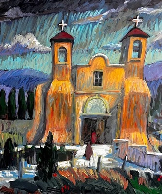 Pintura al óleo original antigua iglesia de adobe impresionista Santa Fe Nuevo México 16x16 Foto 1 de 4