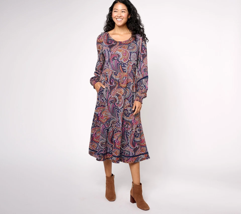 Denim & Co. Canyon Retreat Tall Easy Midi Boot Dress Navy Paisley 1X New - Image 1 of 1