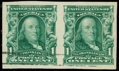 [v923] USA 1906 Scott#314 used in pair 1c green Franklin cv:$40 - Image 1 of 3