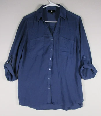 Camisa IZ Byer para mujer elástica con botones manga enrollable bolsillos talla L azul Foto 1 de 4