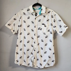 Matix Mens Button Down Shirt L White Toucan Bird Beer Allover Print Short Sleeve - Picture 1 of 6