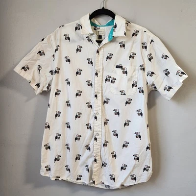 Matix Mens Button Down Shirt L White Toucan Bird Beer Allover Print Short Sleeve - Image 1 of 4