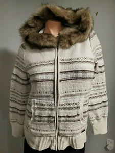 Eddie Bauer Women’s Ivory Tan Blue Full Zip Hoodie Sweater Faux Fur Trim ~ Sz L - Picture 1 of 9