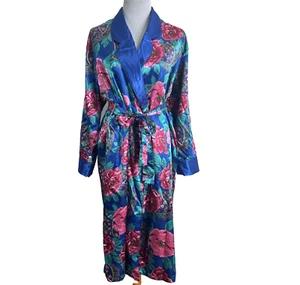 Kathryn Satin Robe Blumenmuster 1980er Vintage Loungewear Taschen Gürtel Nachthemd Gr. XL - Bild 1 von 13