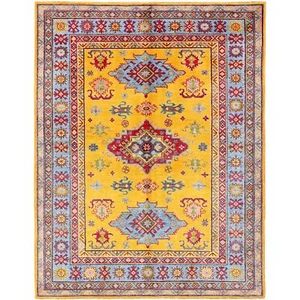 5'2"x6'7" Yellow Kazak with Geometric Design Hand Knotted Soft Wool Rug R336 - Picture 1 of 7